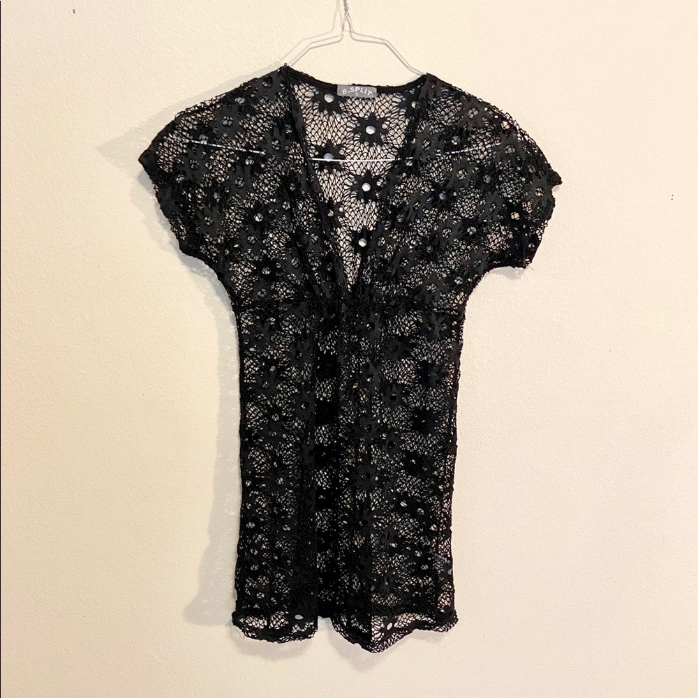 B Split Floral Crochet black Swim Cover Dress Blk